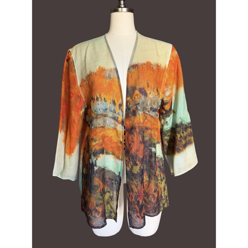 TAO HOUSE Kimono Topper Jacket Sz L/XL 100% Wool Abstract Art Lightweight - FLAW